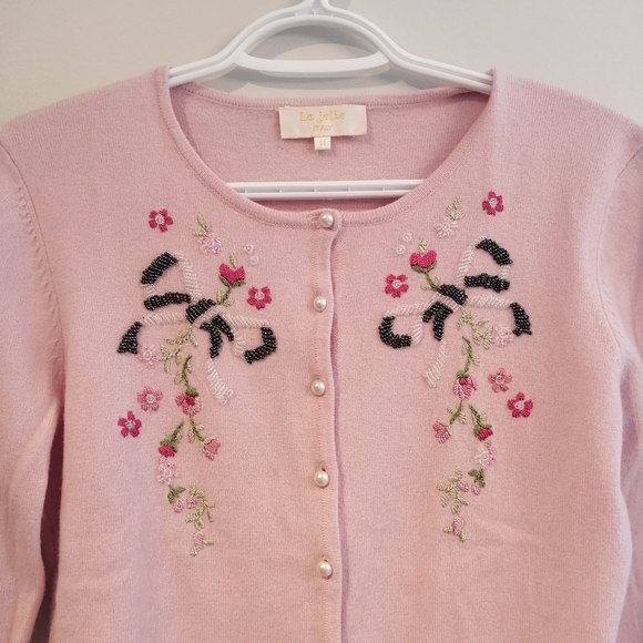 Vintage Italian Merino Wool and Silk Embroidered and Beaded Pink Cardigan Medium - Picture 4 of 15